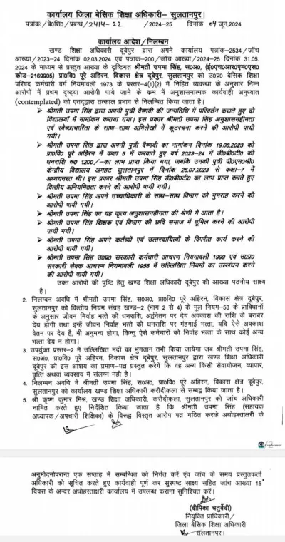 बेसिक शिक्षा अधिकारी की जांच में जालसाज़ सहायक अध्यापिका हुई निलंबित 